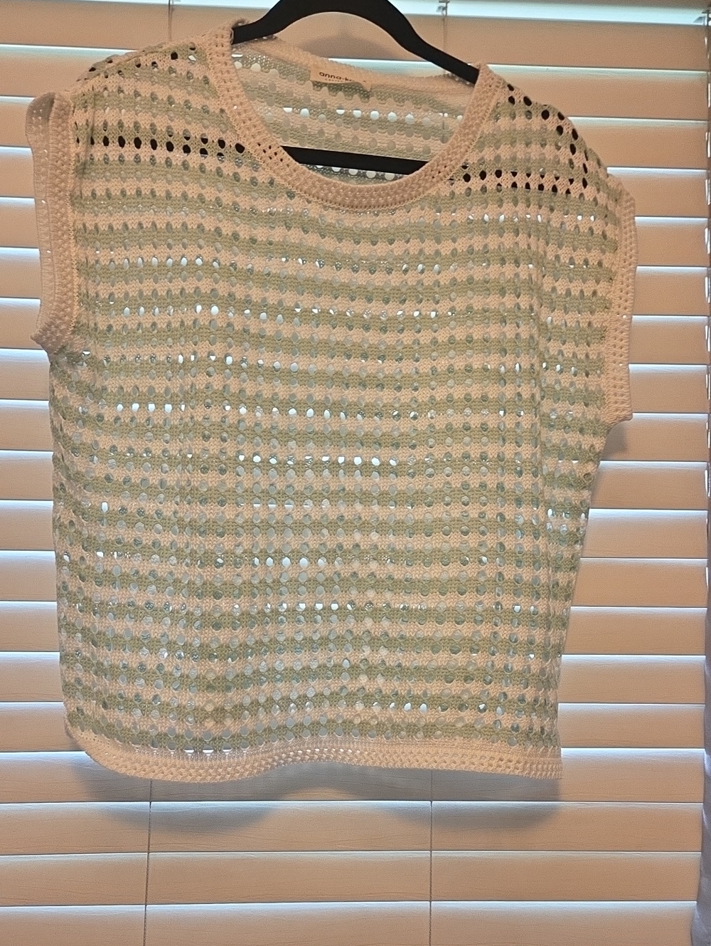 Anna-Kaci Open-Weave Sleeveless Crochet Tank in Mint Green - L